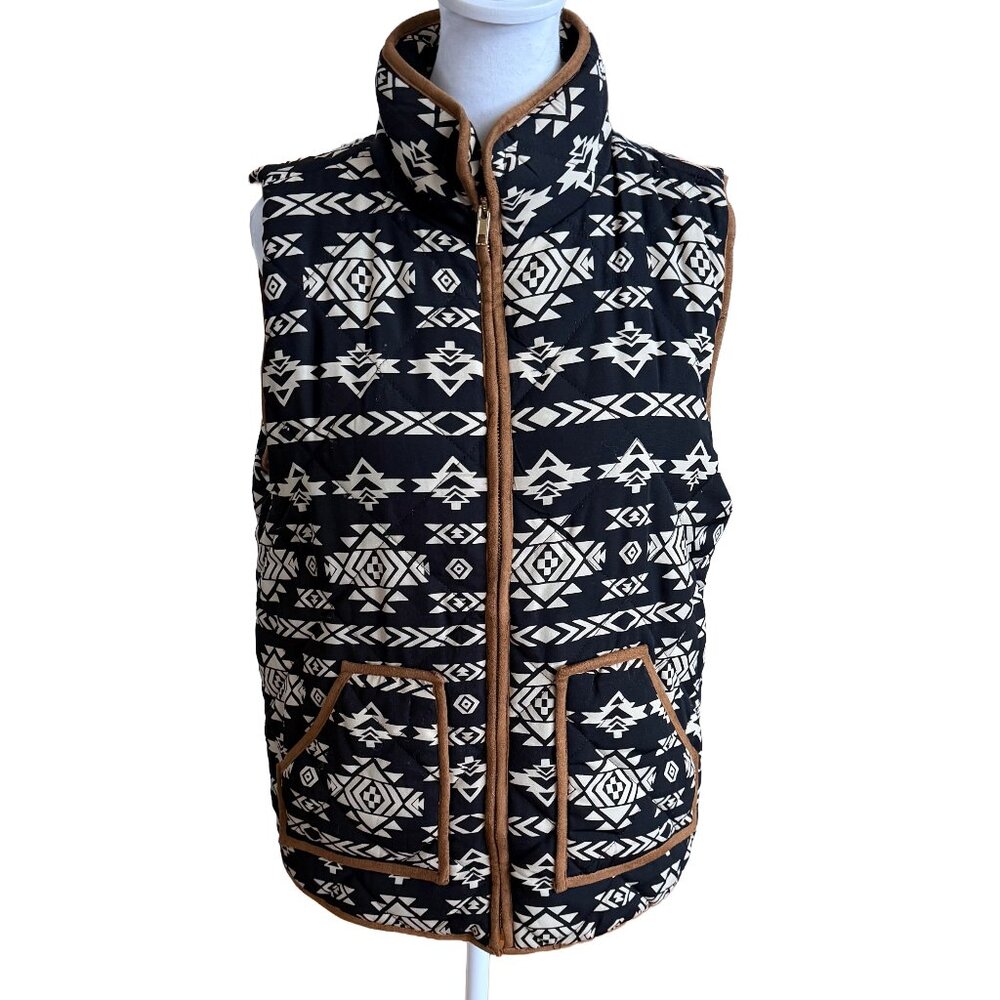 Bo Bel Women's Medium Black and Beige Aztec Sleeveless Puffer Vest